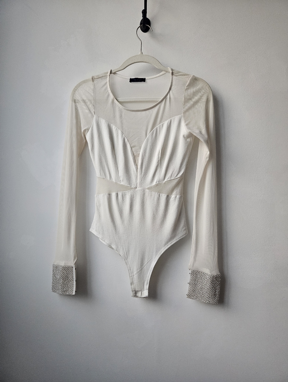 Lac Bleu Pearl Rinestone Cuffed Illusion Long Sleeve One-Piece Bodysuit
